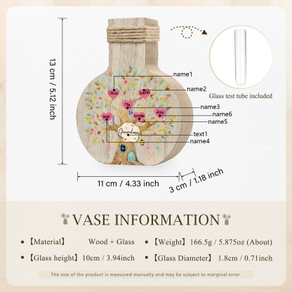 6 Names - Personalized Custom Text and Name Family Tree Wooden Decorative Vase as a Gift for Grandma