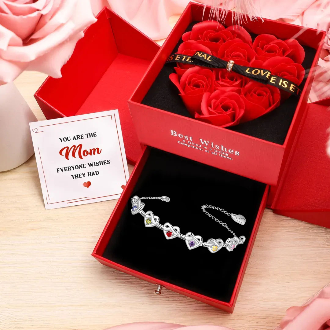 2-8 Names-Personalized Linked Heart Bracelet With 3 Birthstones Engraved Names And Text Bangle For Her | Jessemade