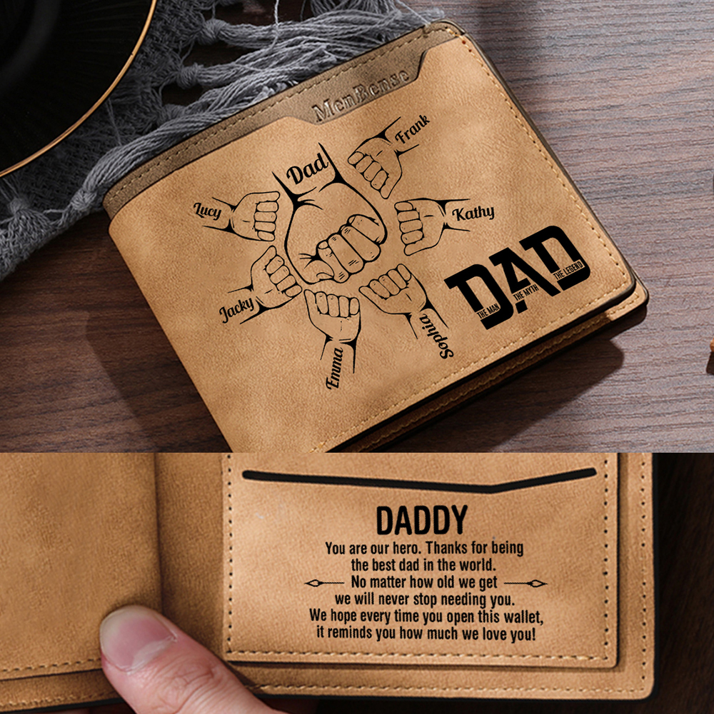 6 Names - Personalized Fist Bump Pattern Custom Name Leather Men's Wal