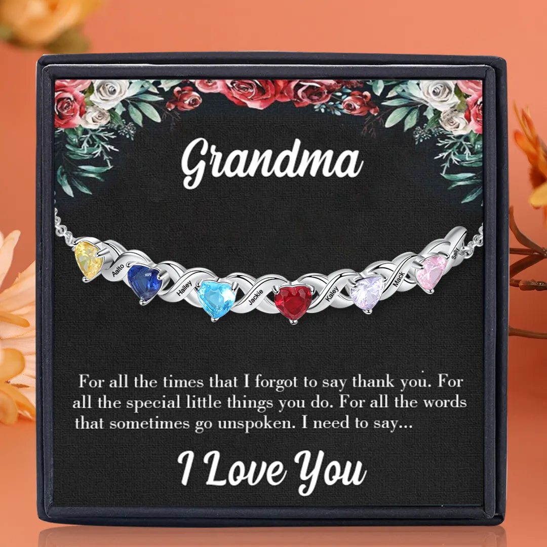 Personalized Heart Bracelet Customized With 6 Names and 6 Birthstones Family Bracelet Gift for Grandma | Jessmade