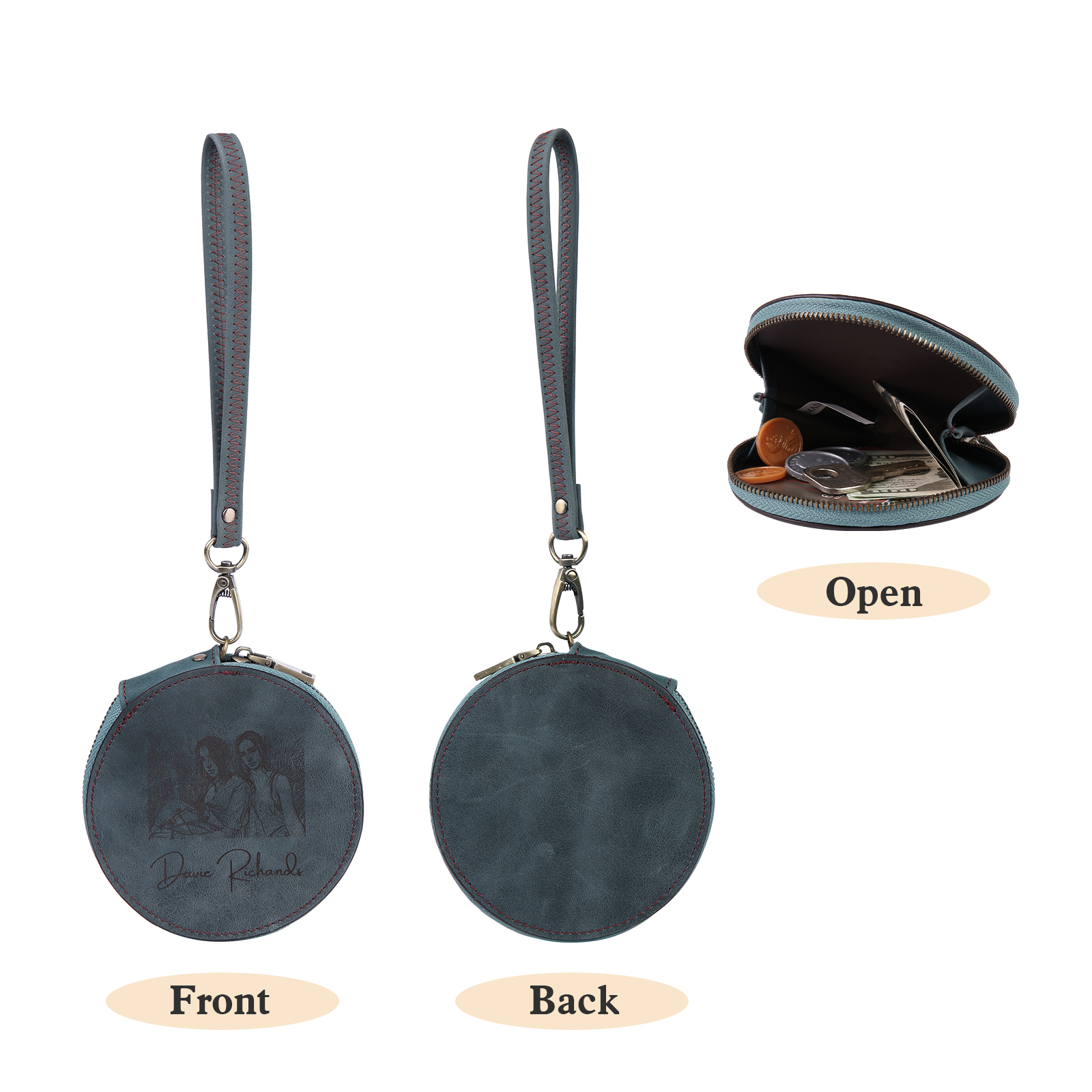 Personalized Photo Quality Leather Round Zipper Wallet Custom Text Wallet Gift for Her