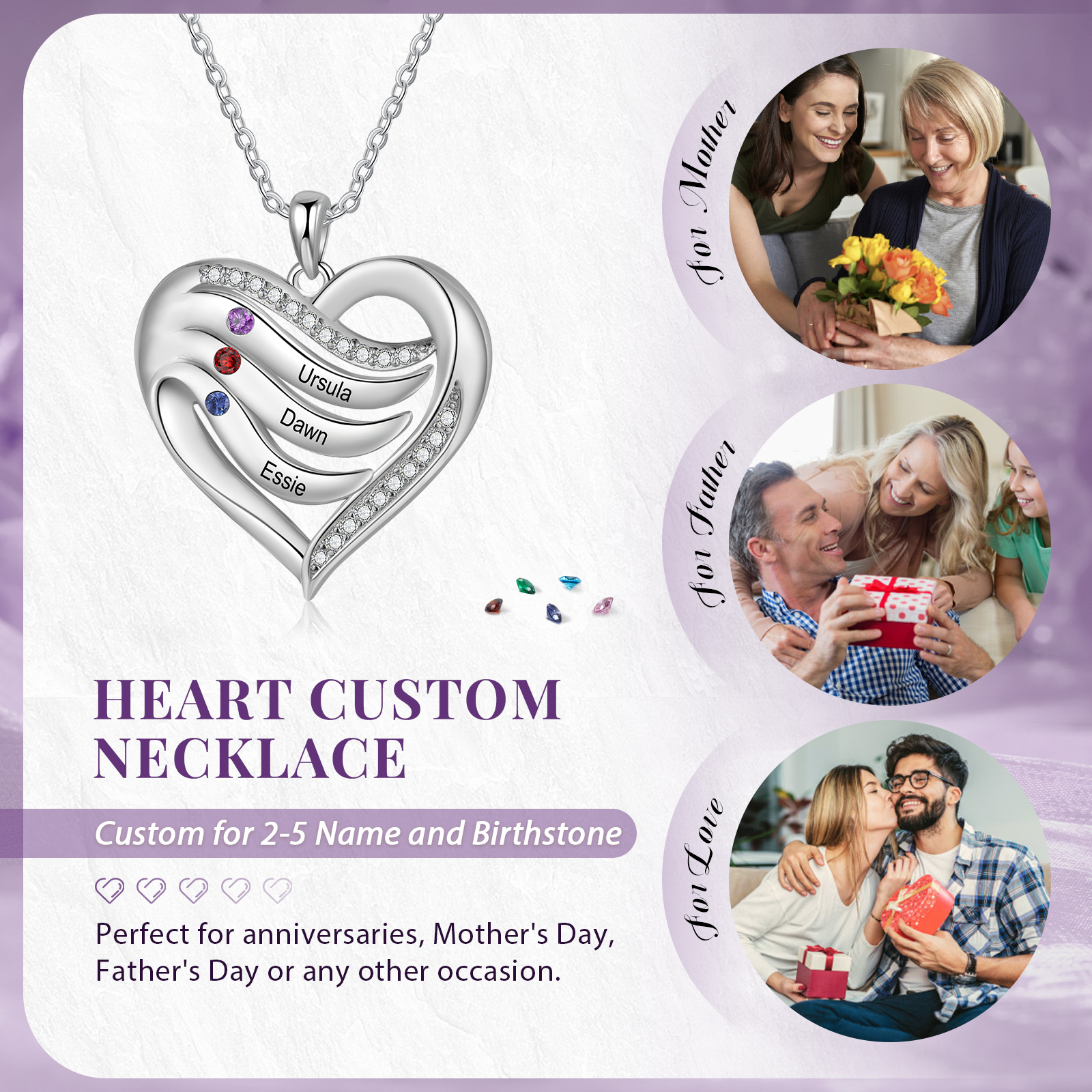 3 Names-Personalized Hearts Necklace Custom Birthstone Necklace Gifts for Mom