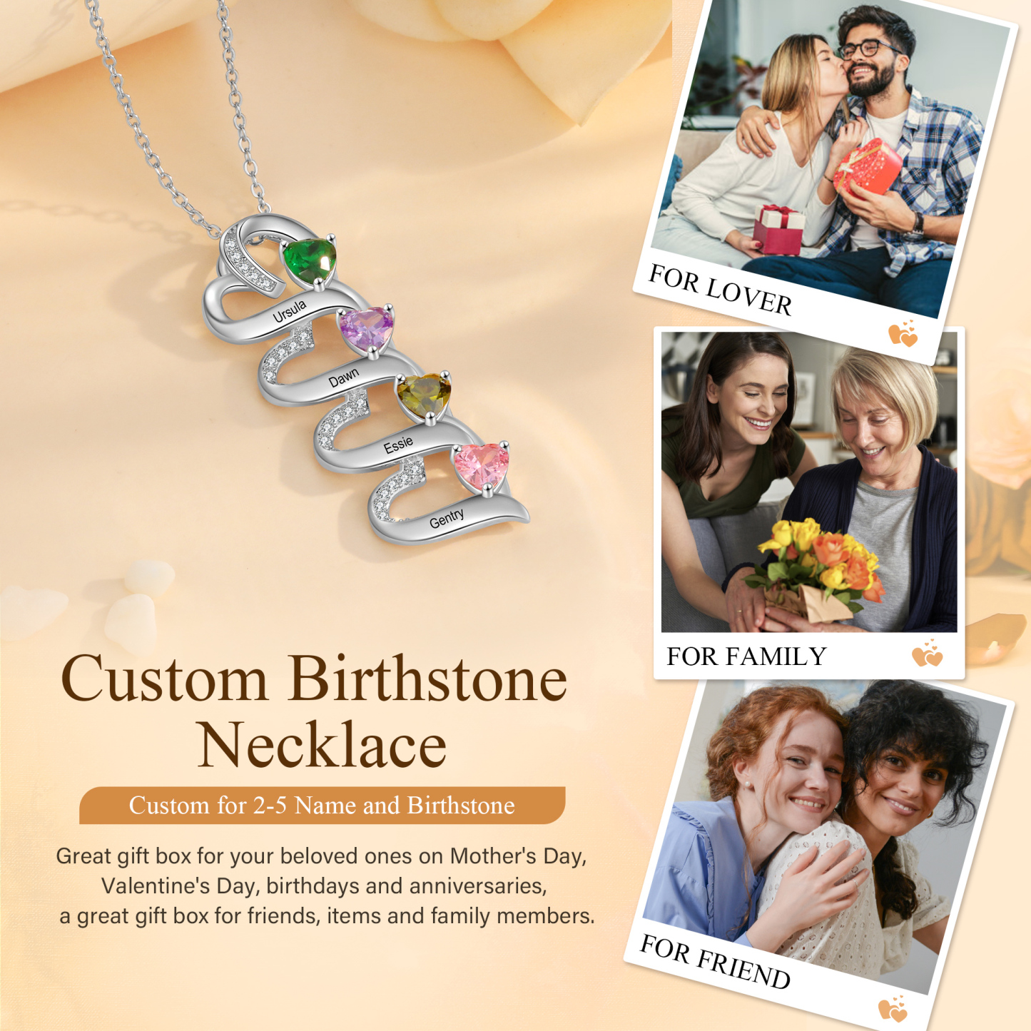 4 Names-Personalized Hearts Necklace Custom Birthstone Necklace Engraved Names Special Gifts for Her