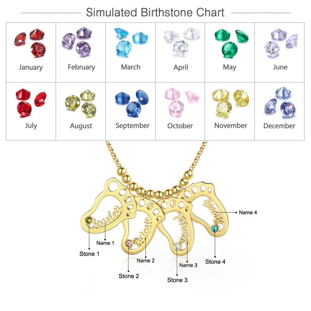 Personalized Baby Foot Engraved 4 Names Birthstones Necklace Gift For Mother