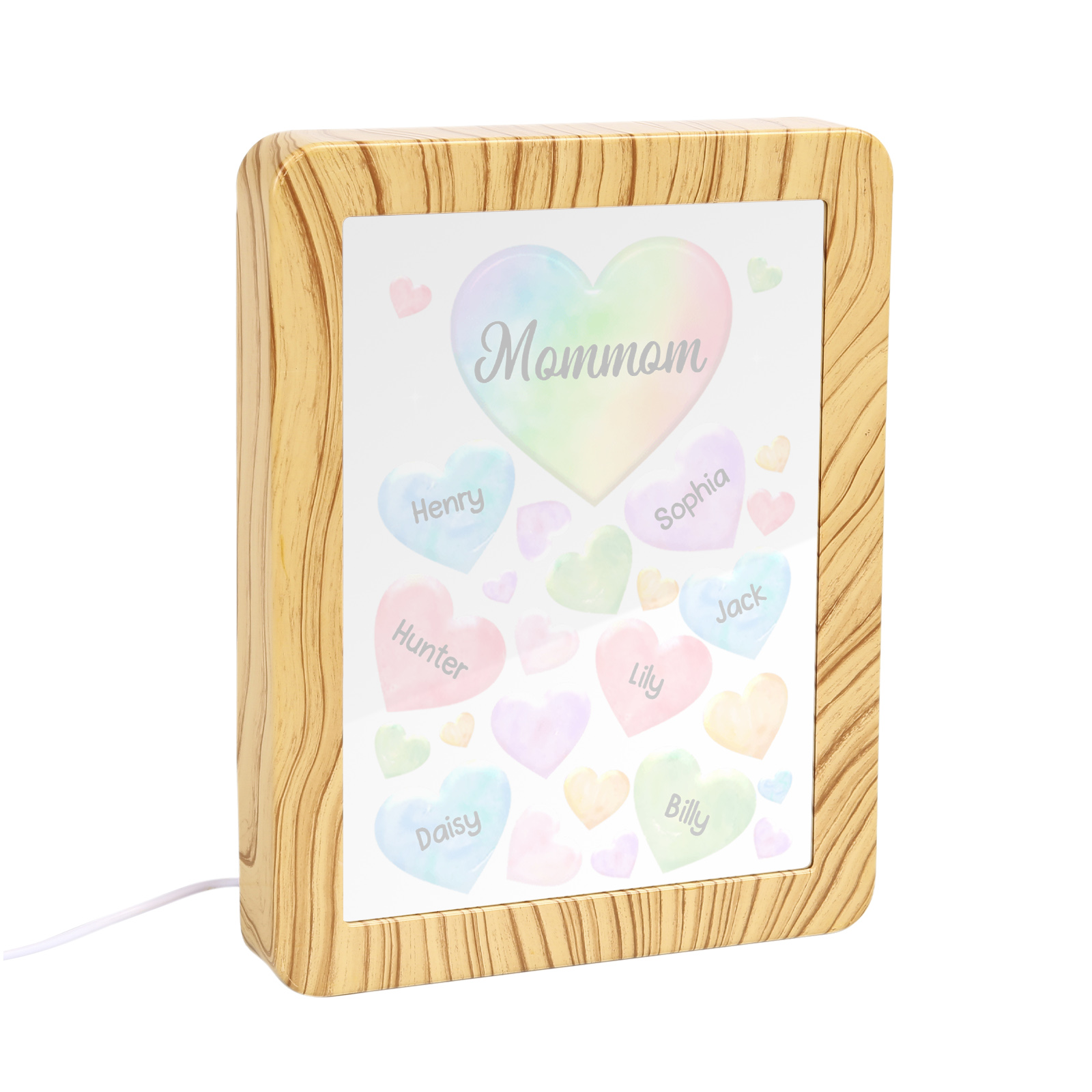 7 Names - Personalized Mom Home Wood Color Plug-in Mirror Photo Frame Custom Text LED Night Light Gift for Mom