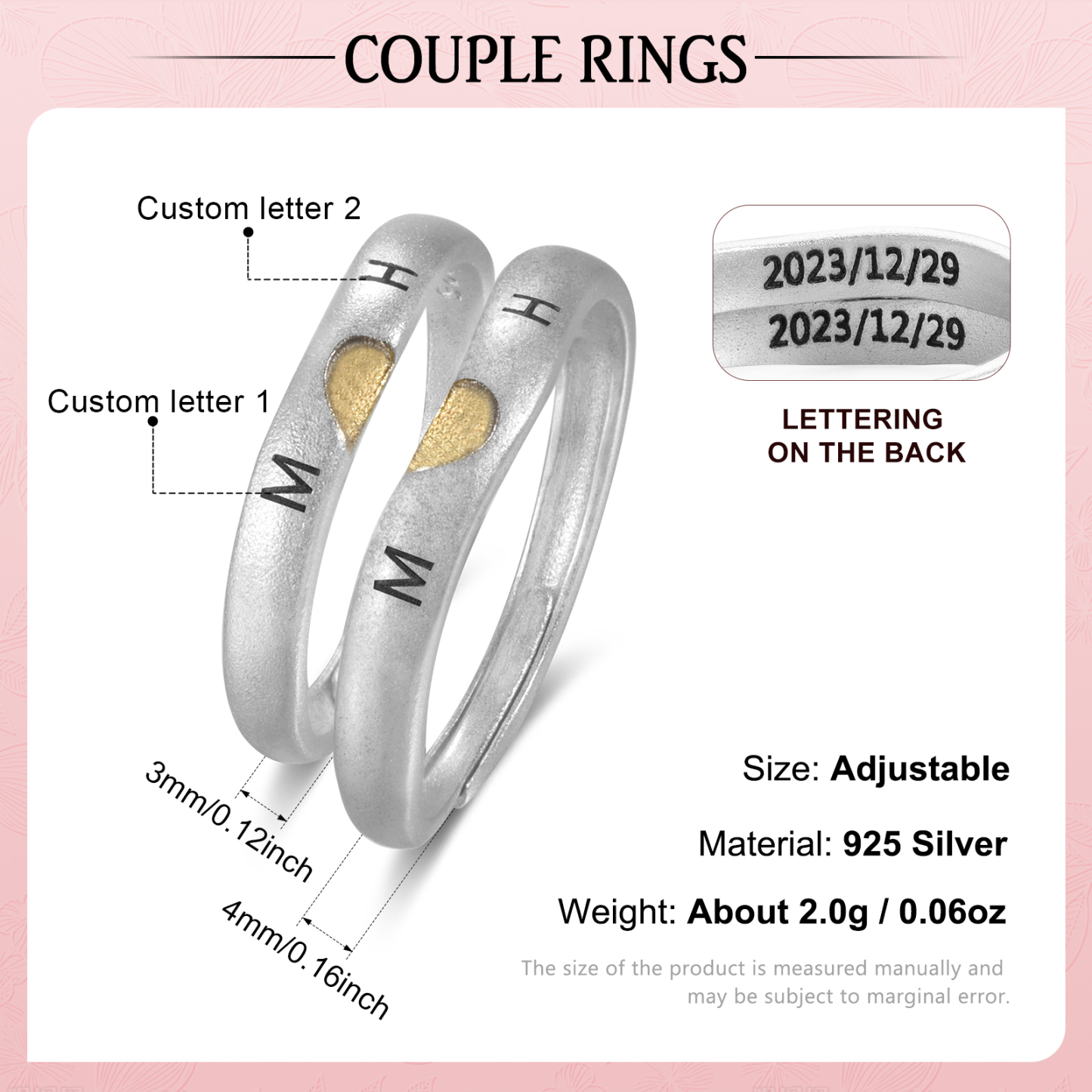 Personalized Letter Couple Adjustable Rings Custom Date Gift for Couple
