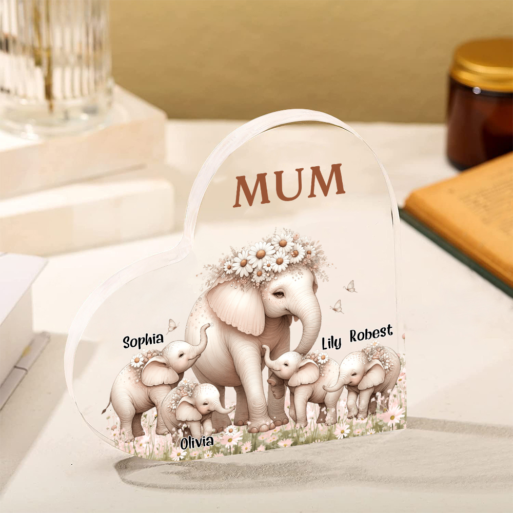 4 Names-Personalized Elephant Acrylic Heart Keepsake Custom Text Acrylic Plaque Ornaments Gifts for Mom