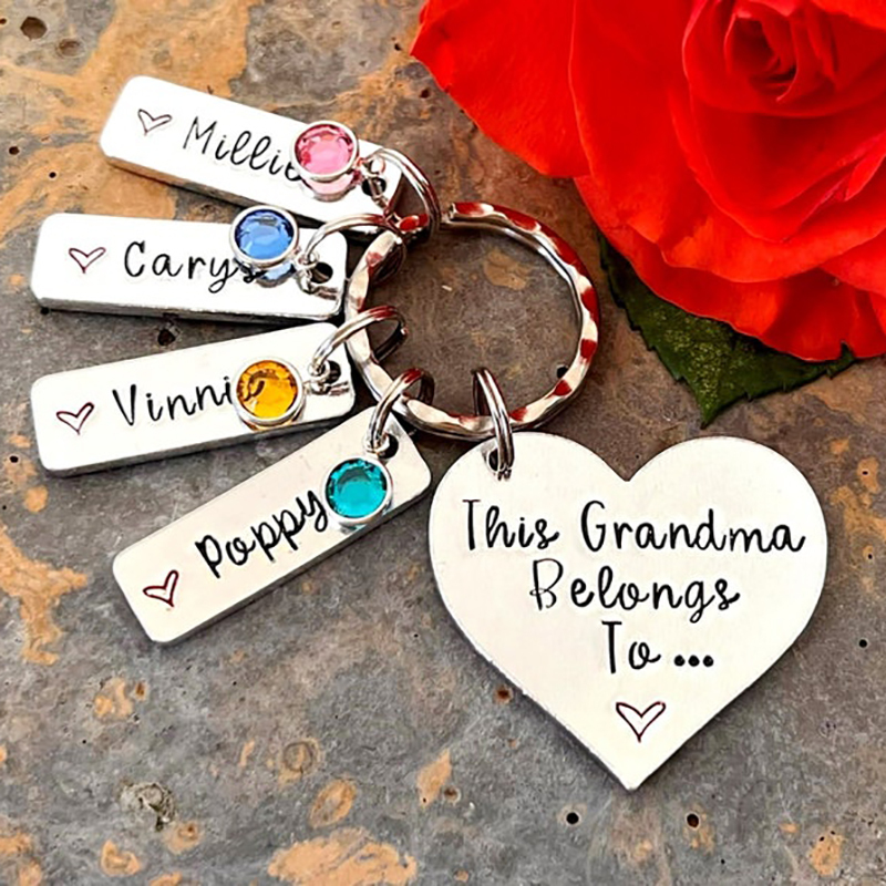 Grandma Keychain, This Grandma Belongs To, Personalized Birthstone Keychain Engraved 2 Names Gifts For Grandma