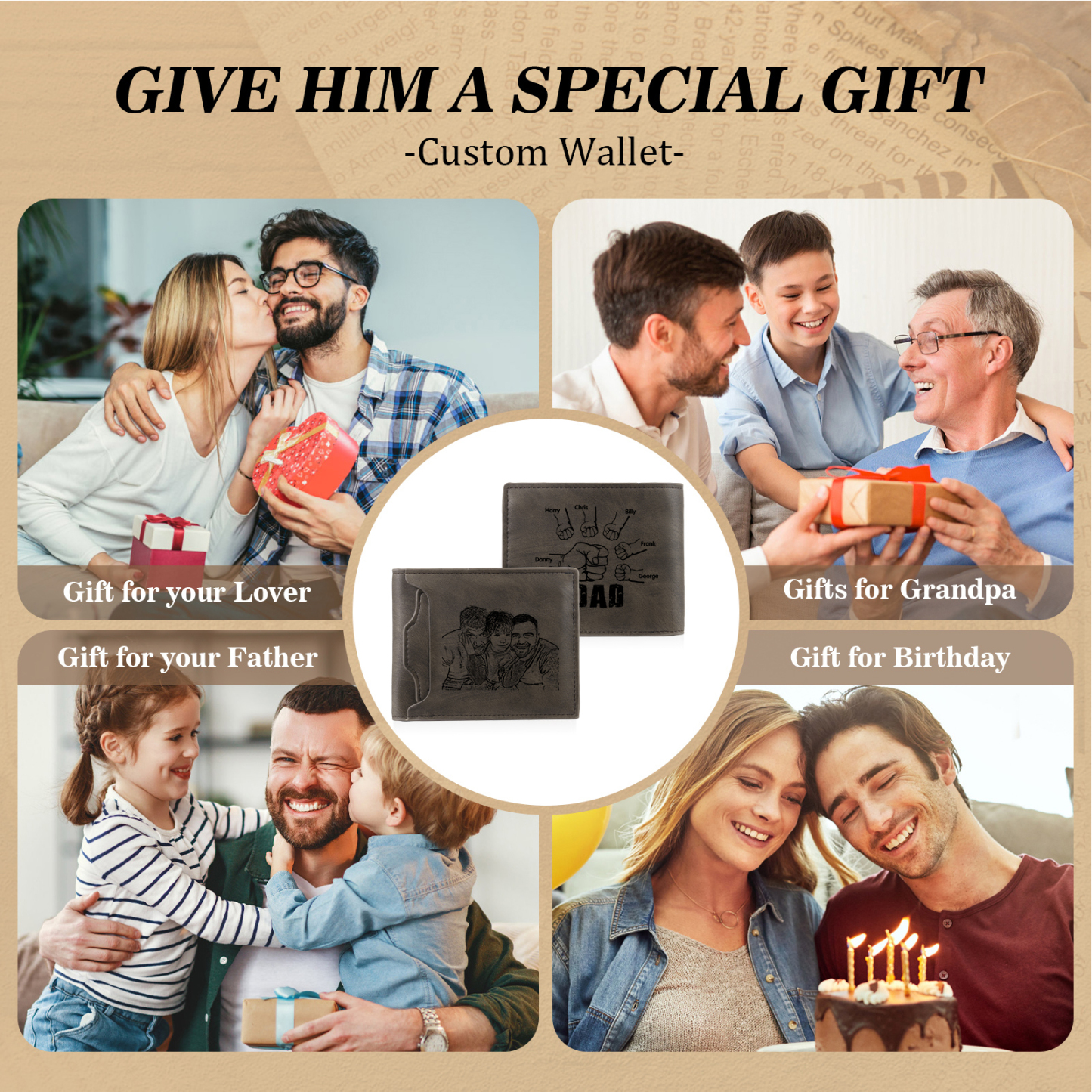 6 Names - Personalized Photo Custom Leather Men's Folding Wallet as a Father's Day Gift for Dad