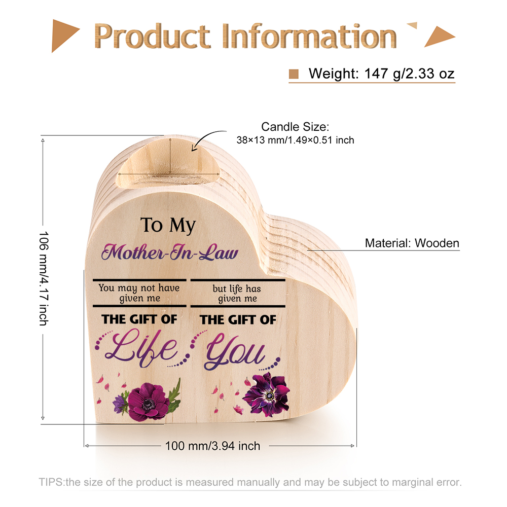 To My Mother-in-law Violet Flower Heart Candle Holder "Life Has Given Me The Gift of You" Wooden Candlestick