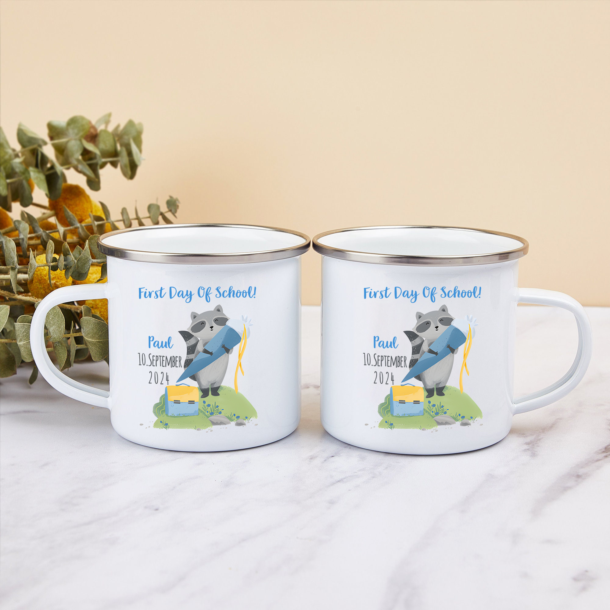 Personalized Name And Date Enamel Mug Children'S Raccoon Pattern Back To School Gift For Kid