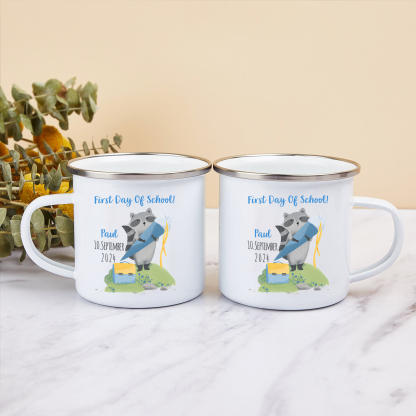 Personalized Name And Date Enamel Mug Children'S Raccoon Pattern Back To School Gift For Kid