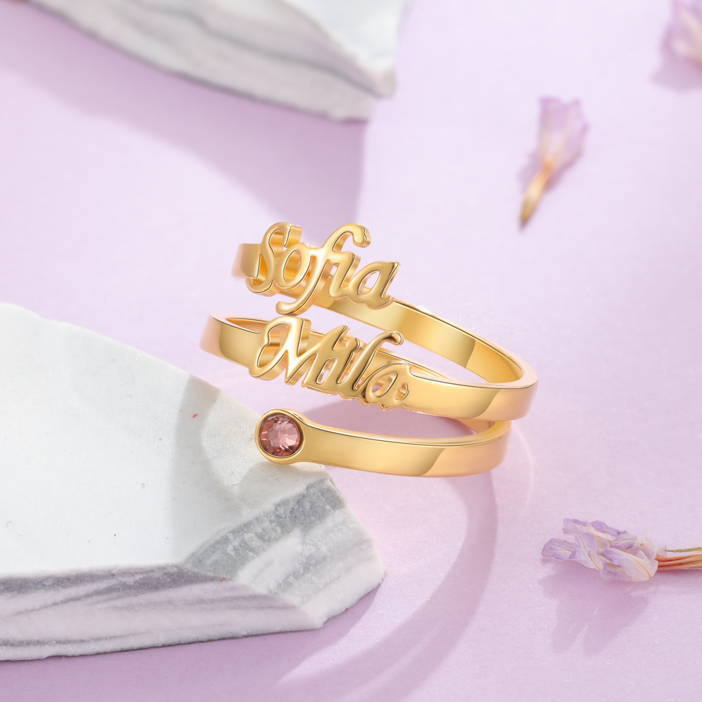 Personalized Birthstone Mother Ring Custom 2 Names Ring Gifts For Her