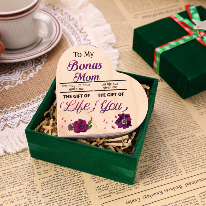 To My Bonus Mom Violet Flower Heart Candle Holder "Life Has Given Me The Gift of You" Wooden Candlestick