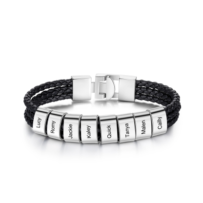 Personalized Braided Leather Bracelet Engraved 8 Names Men's Bracelet Gifts For Him