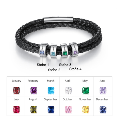 Personalized 3 Layer Leather Bracelet with 4 Beads Engraved Names Men's Bracelets for Him