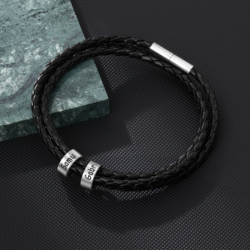 Leather Braided Bracelet Men Bracelets Personalized 2 Names 2 Beads Gift For Dad