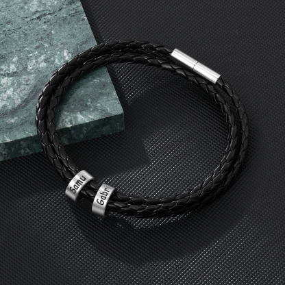 Leather Braided Bracelet Men Bracelets Personalized 2 Names 2 Beads Gift For Dad