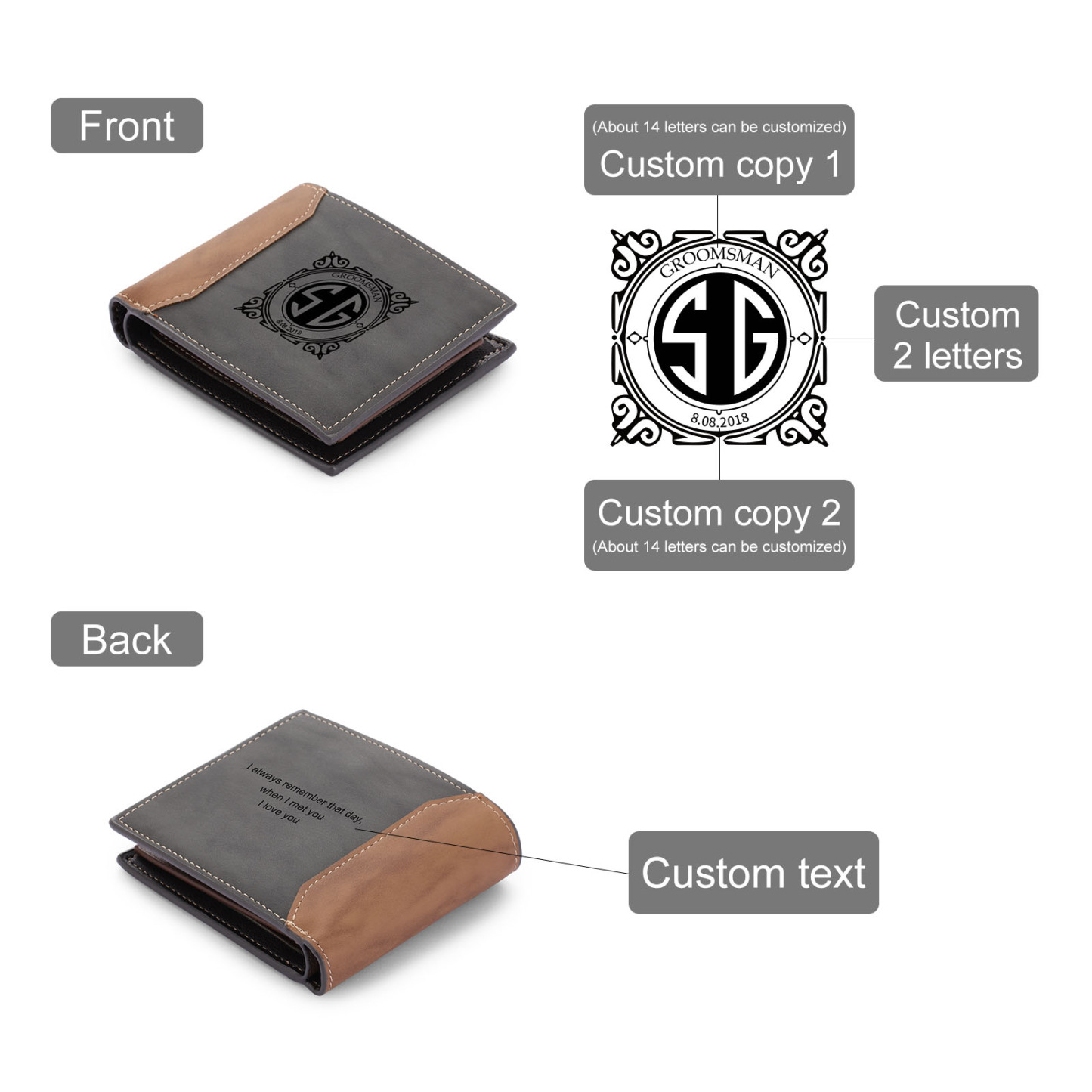 Personalized Leather Wallet Engraved Letter Short Purse Custom Folding Wallet Gifts For Men