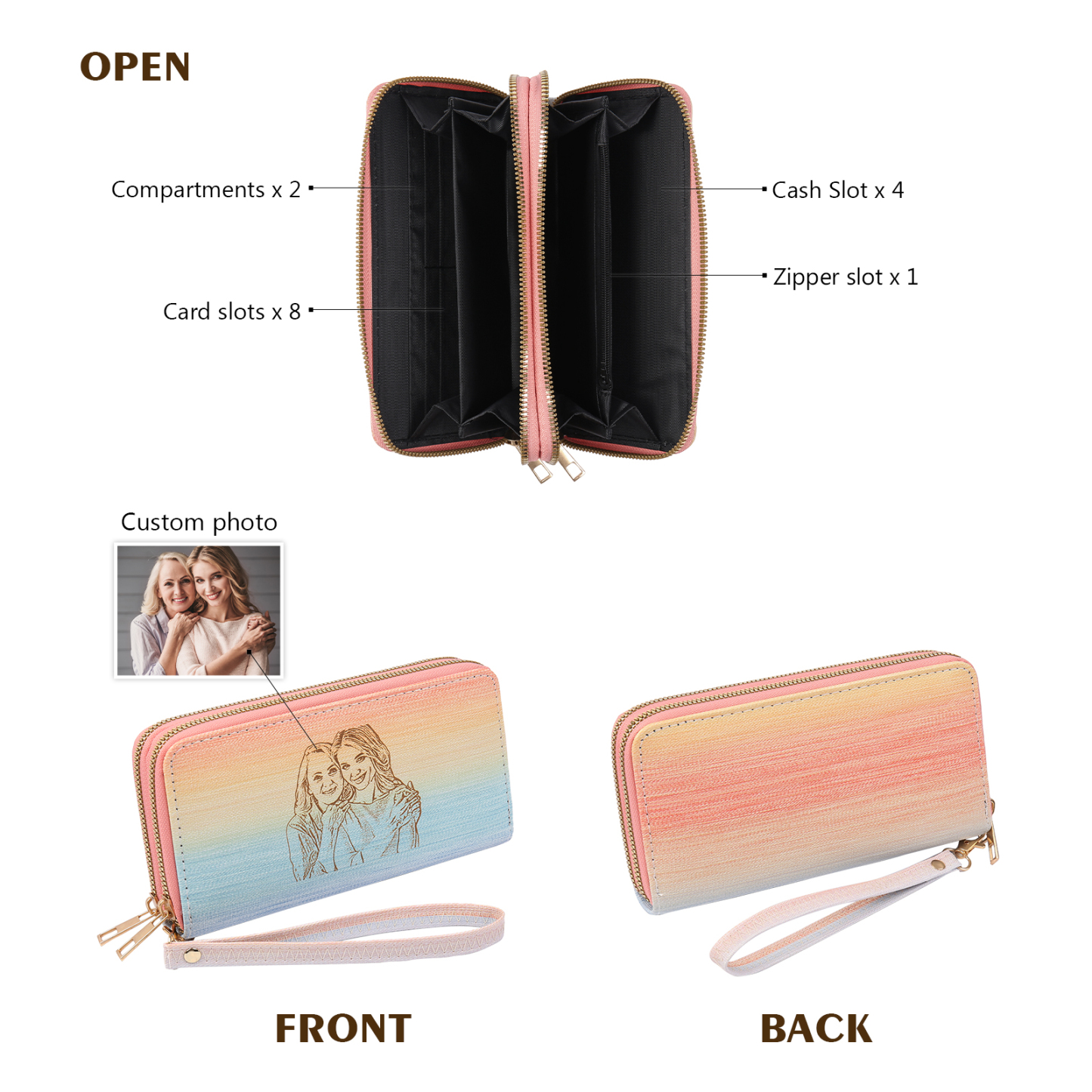 Women's Personalized Photo PU Leather Rainbow Long Zipper Wallet for Her | Jessemade