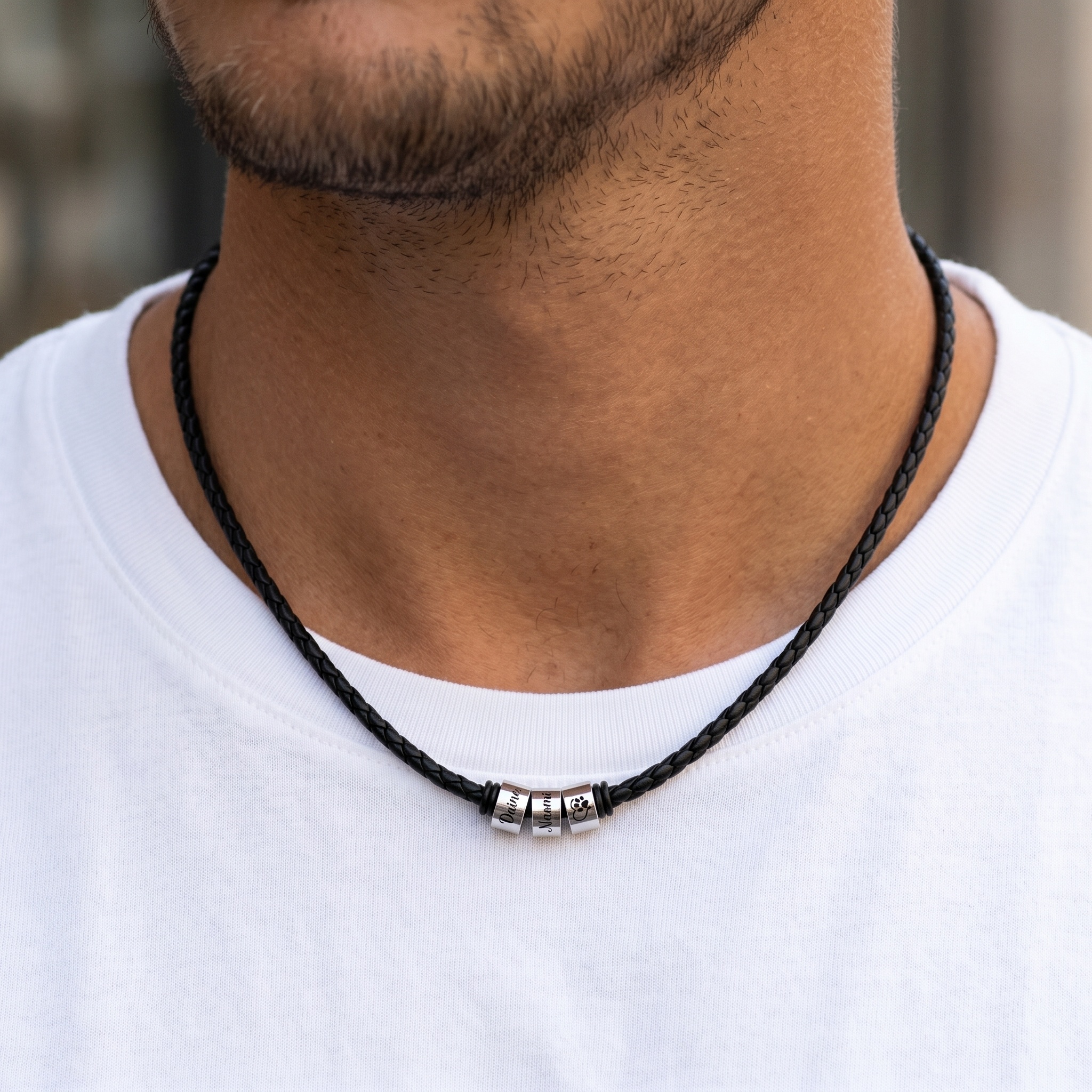 Personalized Braided Leather Necklace for Men Customized with 1–6 Names Beads