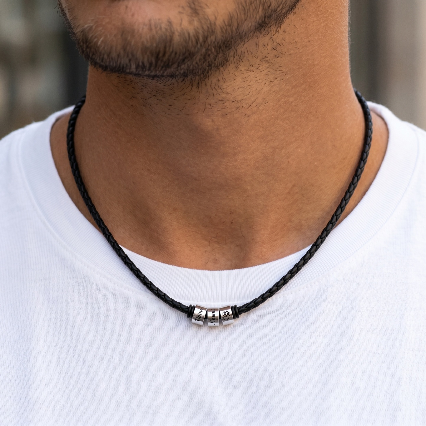 Personalized Braided Leather Necklace for Men Customized with 1–6 Names Beads