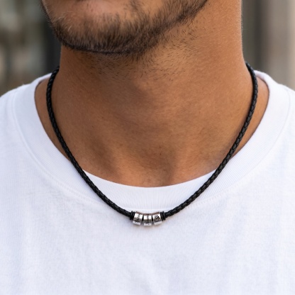 Personalized Braided Leather Necklace for Men Customized with 1–6 Names Beads