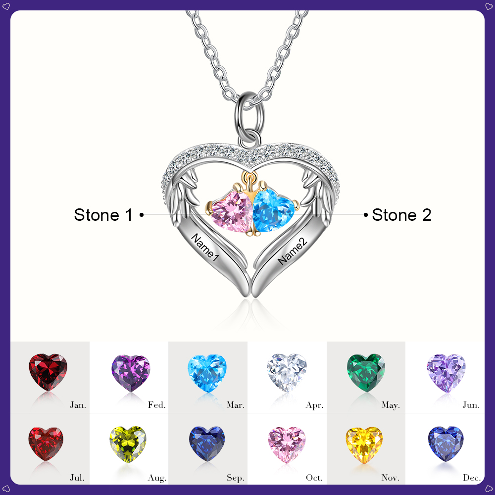 Personalized Wings S925 Silver Necklace With 2 Heart Birthstones Engraved Names Gift For Women