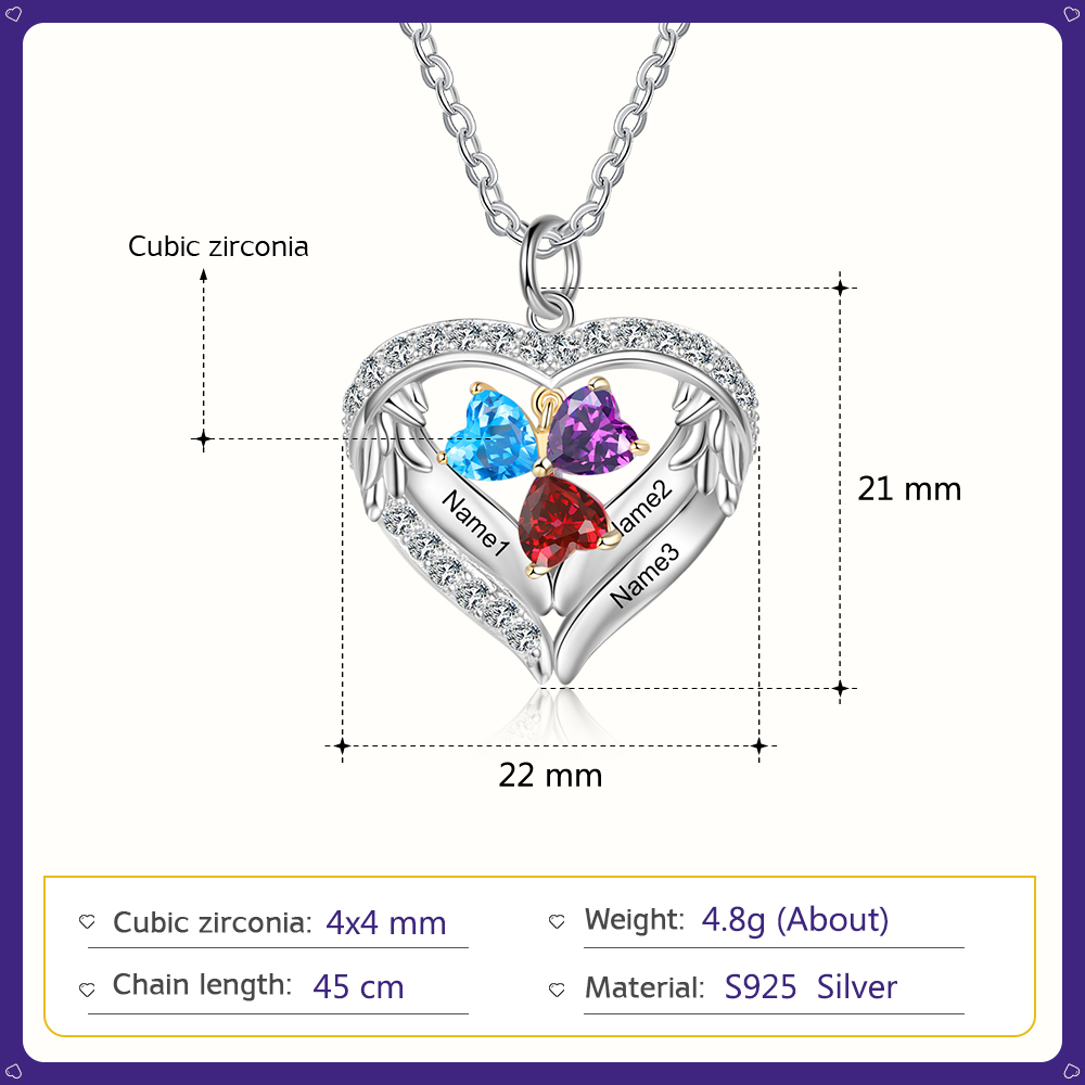Personalized Wings S925 Silver Necklace With 3 Heart Birthstones Engraved Names Gift For Women