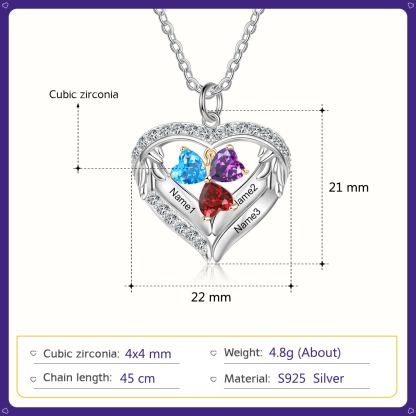 Personalized Wings S925 Silver Necklace With 3 Heart Birthstones Engraved Names Gift For Women