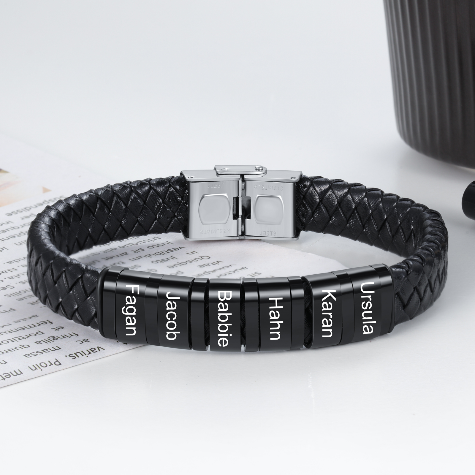 6 Names-Personalized Braided Leather Bracelet Set With Gift Box-Custom Men's Bracelet Engraved 6 Names Gift for Him
