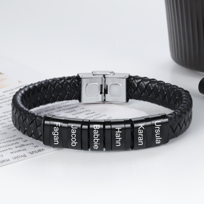 6 Names-Personalized Braided Leather Bracelet Set With Gift Box-Custom Men's Bracelet Engraved 6 Names Gift for Him