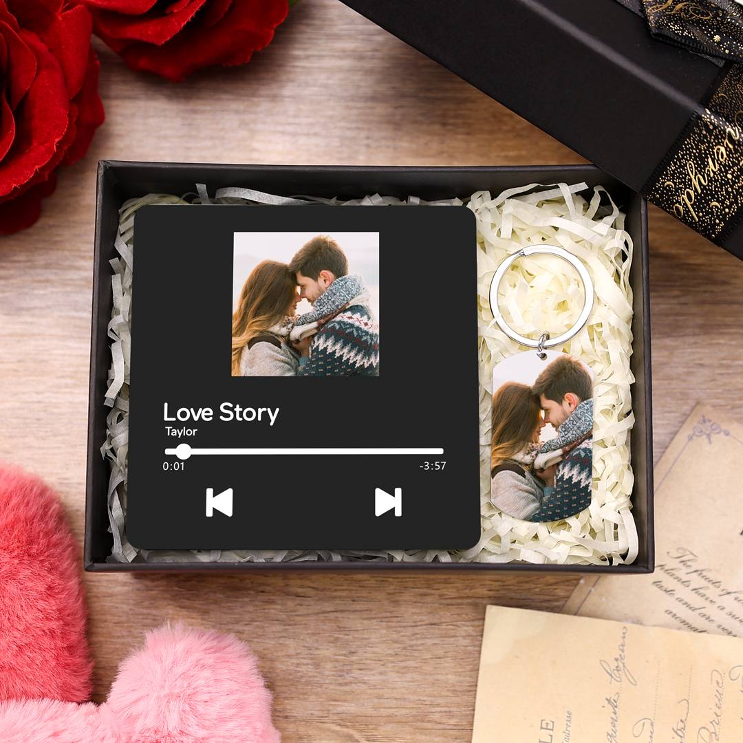 Personalized Music Fridge Magnet Photo Keychain Gift Set for Couples – Customized Photo, Music & Text, Perfect for Valentine’s Day & Romantic Gifts | Jessemade