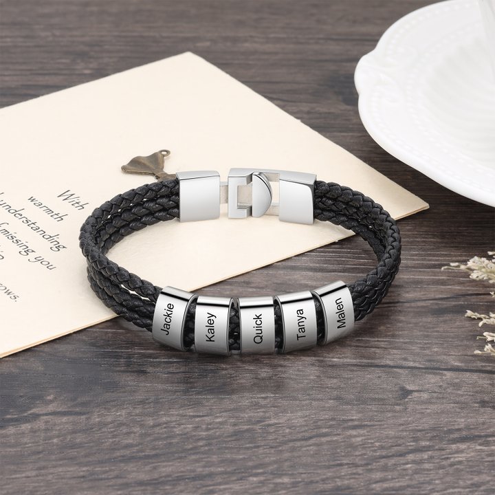 Personalized Braided Leather Bracelet Engraved 5 Names Men's Bracelet Gifts For Him