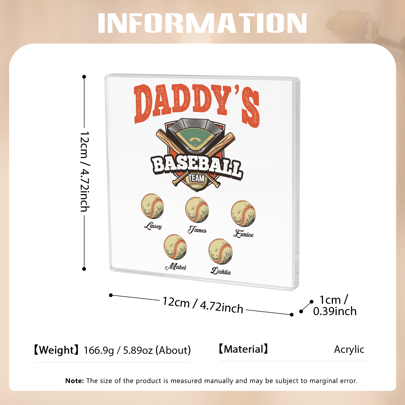 5 Names - Personalized Baseball Acrylic Keepsake Customized Name Acrylic Plaque Decoration Father's Day Gift for Dad