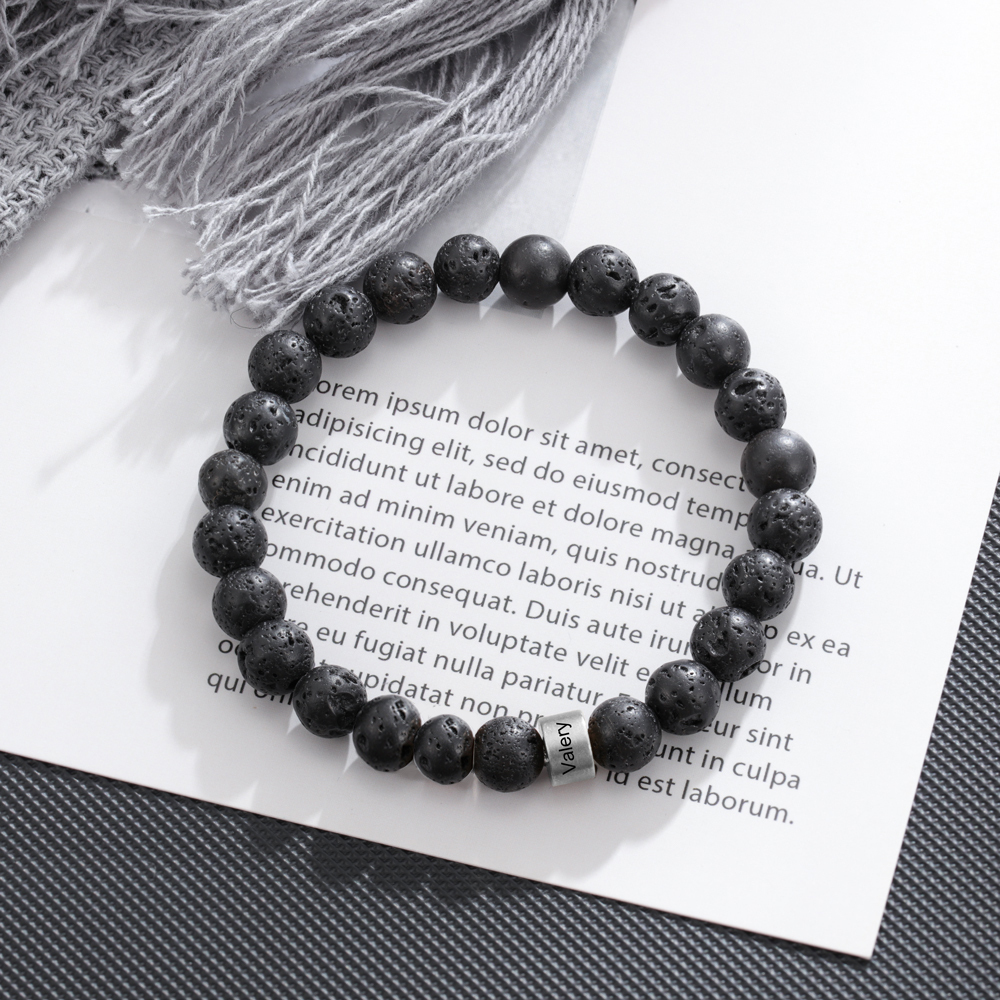 1 Name Black Lava Beads Bracelet Men's Bracelet with Lion Card Custom Gift for Dad