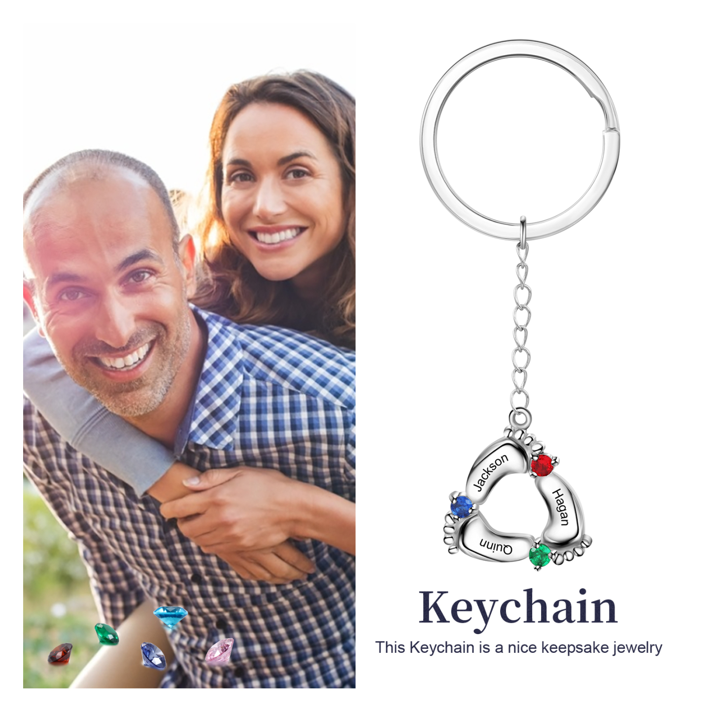 Personalized Baby Feet Keychain With 3 Birthstones Engraved names Keychain Gifts For Mother