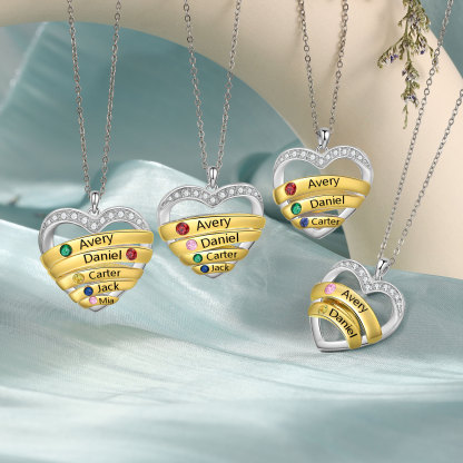 2 Names - Personalized Beautiful Heart Necklace with Custom Name and Birthstone, As a Mother's Day Gift for Mom