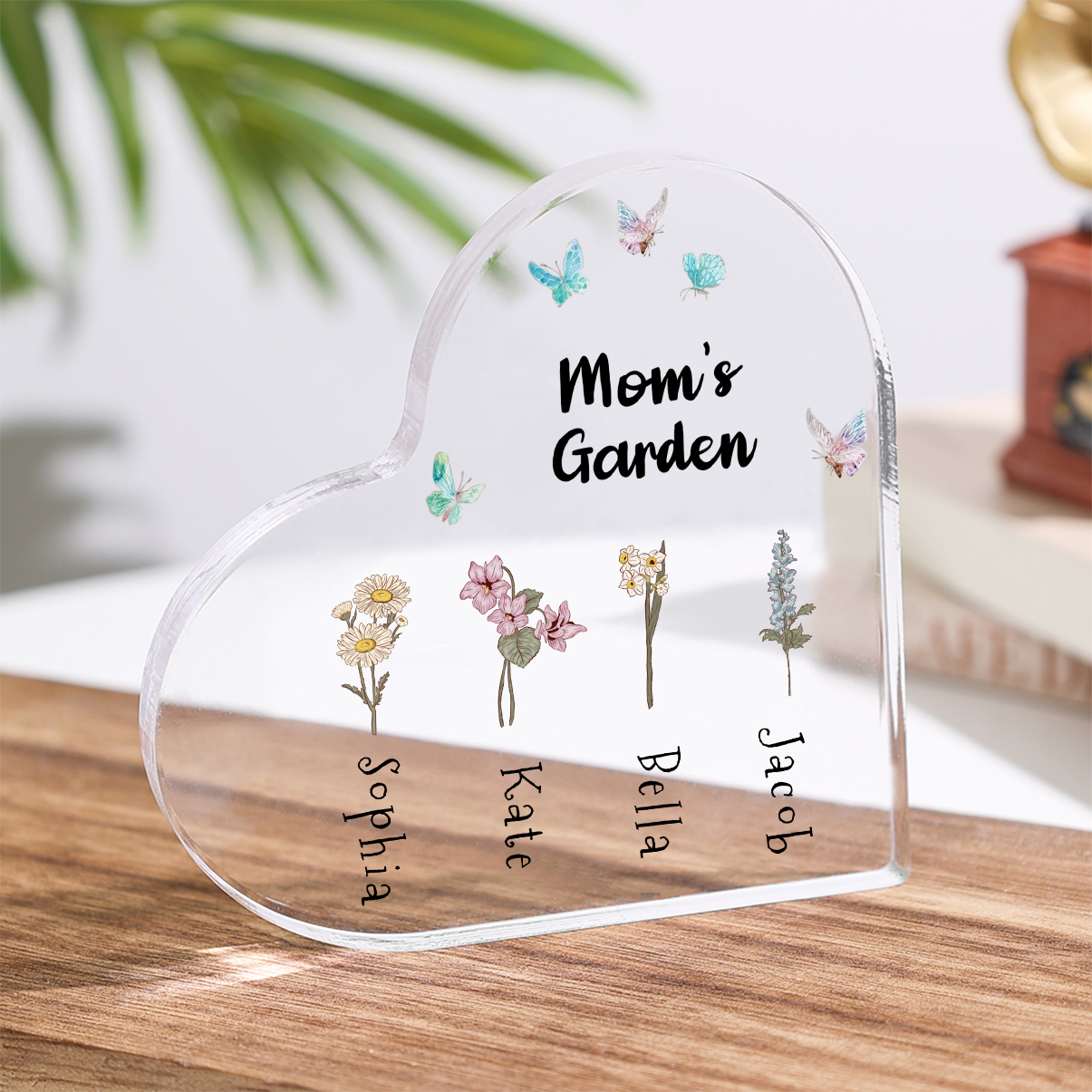 Personalized Heart Shaped Acrylic Plaque - with 1-10 names & birthflowers - Gift for Mom