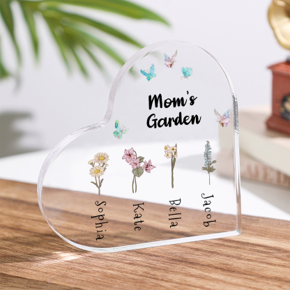 Personalized Heart Shaped Acrylic Plaque - with 1-10 names & birthflowers - Gift for Mom