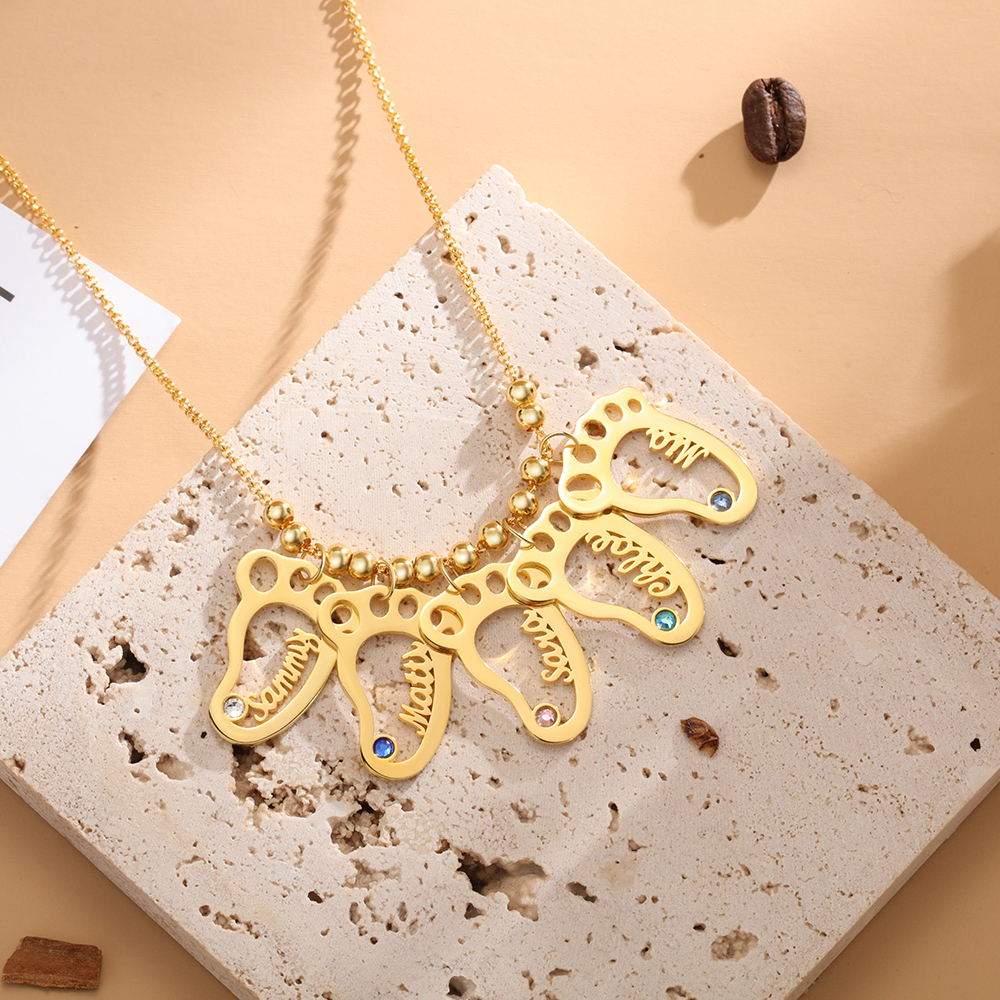 Personalized Baby Foot Engraved 5 Names Birthstones Necklace Gift For Mother