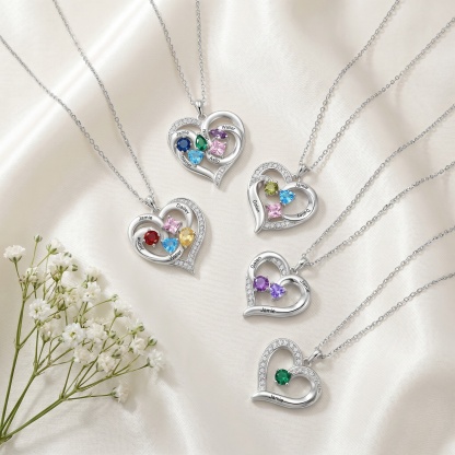 Personalized Double Heart Birthstone Necklace Customized with 1-5 Names