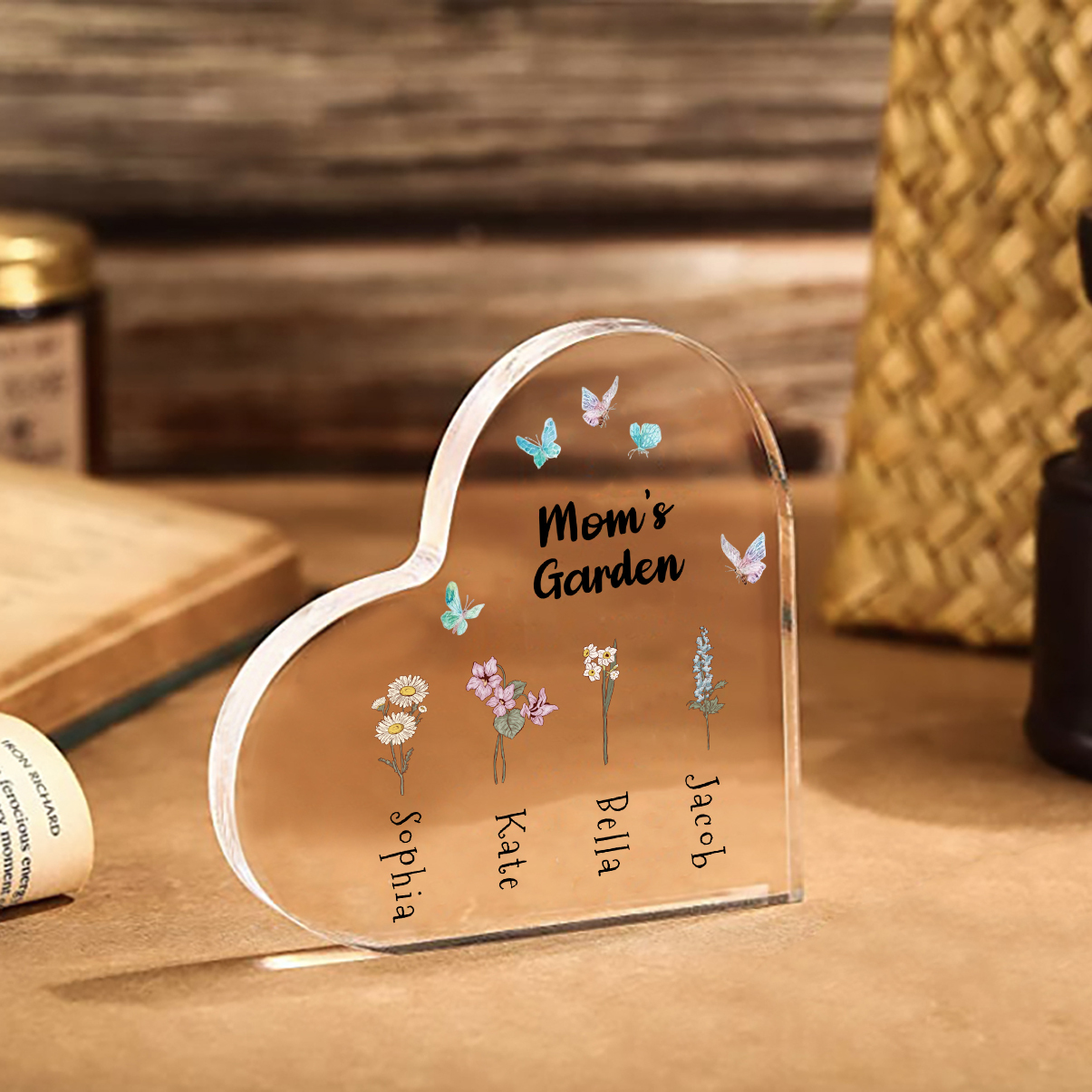 Personalized Heart Shaped Acrylic Plaque - with 1-10 names & birthflowers - Gift for Mom