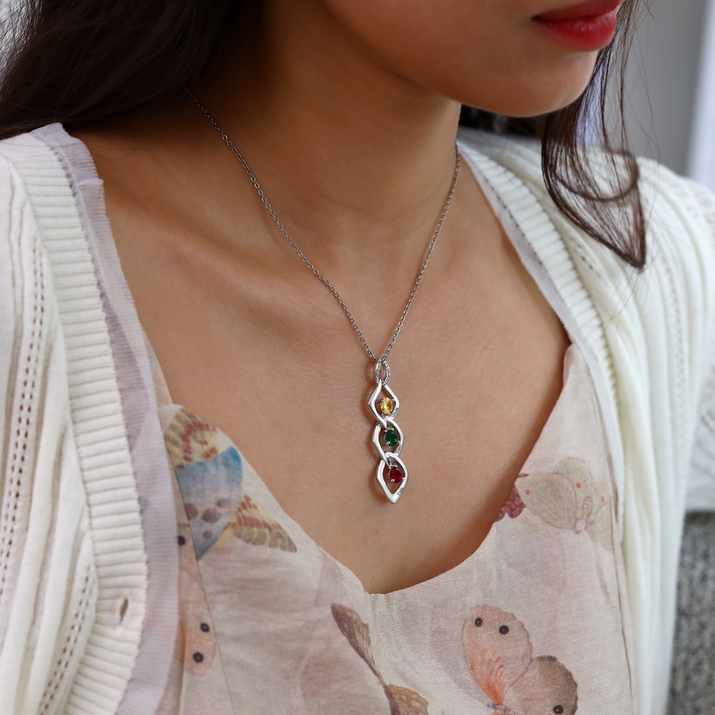 3 Names - Personalized Birthstone Necklace With Name Engraved For A Special Gift For Mom/Grandma