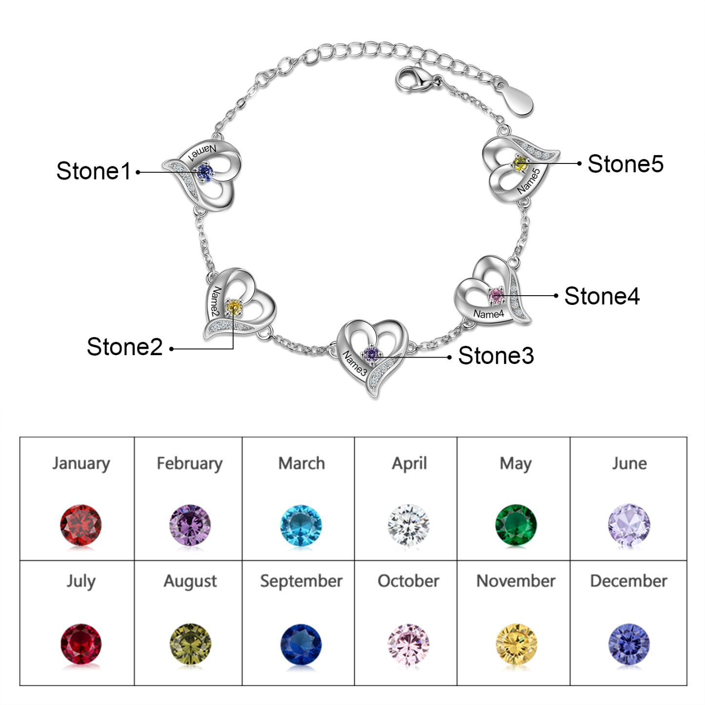 5 Names-Personalized Heart Bracelet With 5 Birthstones Bangle Engraved Names Bangle For Her