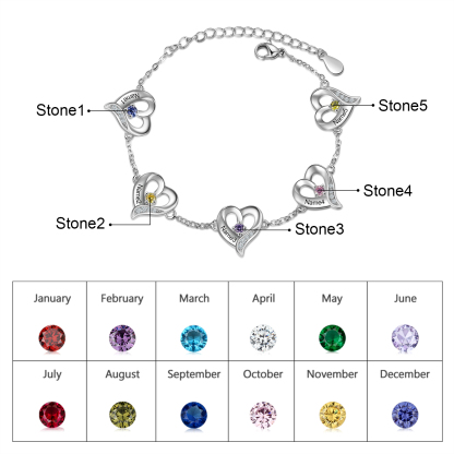 5 Names-Personalized Heart Bracelet With 5 Birthstones Bangle Engraved Names Bangle For Her