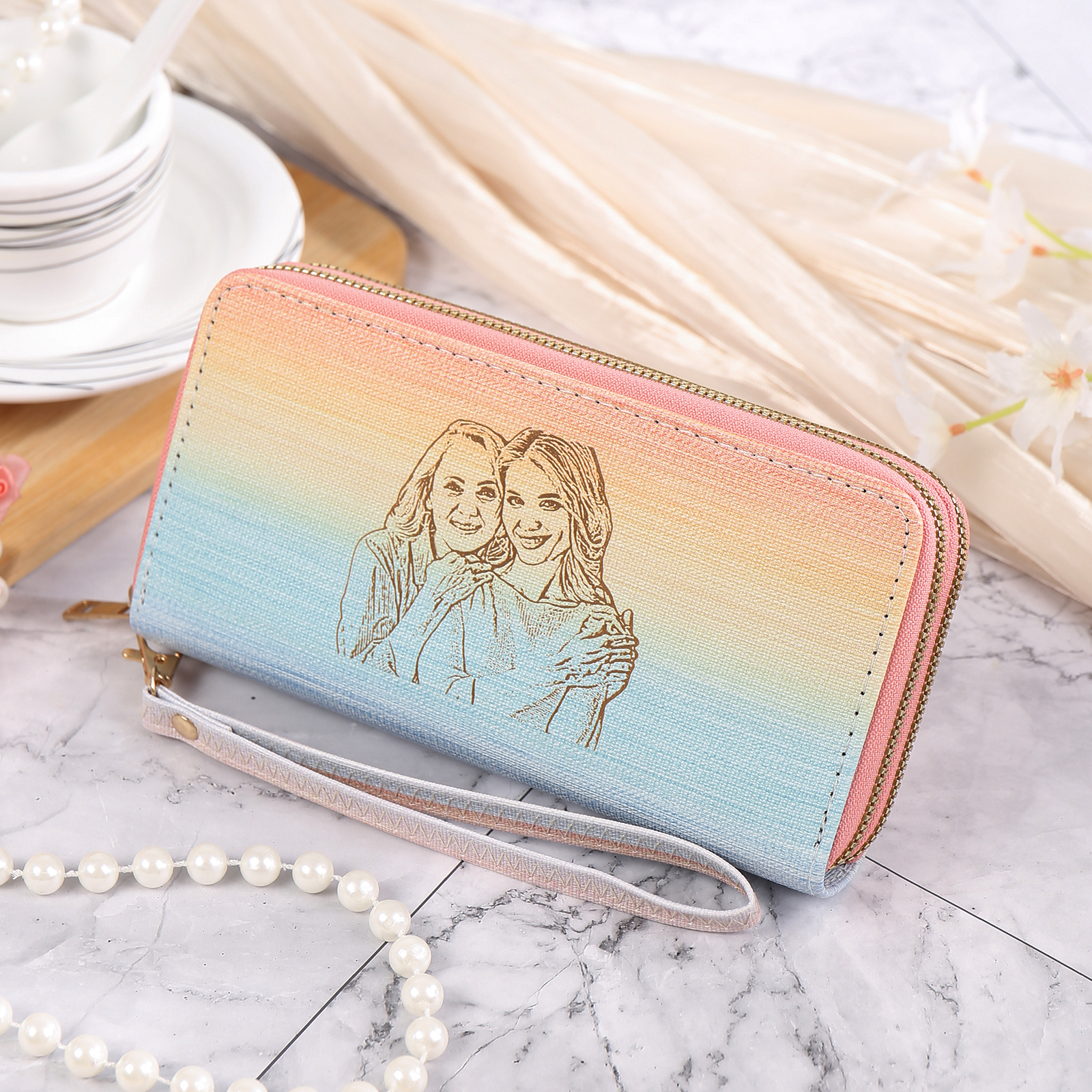 Women's Personalized Photo PU Leather Rainbow Long Zipper Wallet for Her | Jessemade