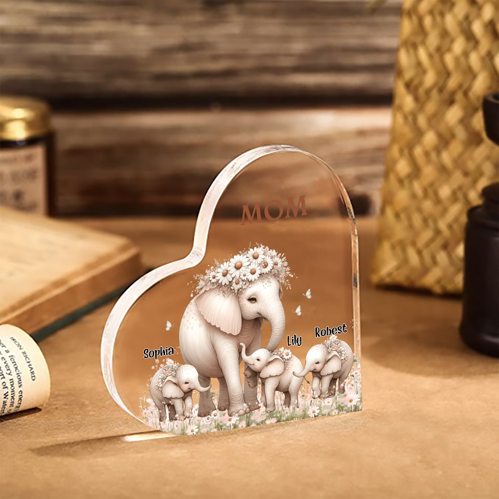 3 Names-Personalized Elephant Acrylic Heart Keepsake Custom Text Acrylic Plaque Ornaments Gifts for Mom