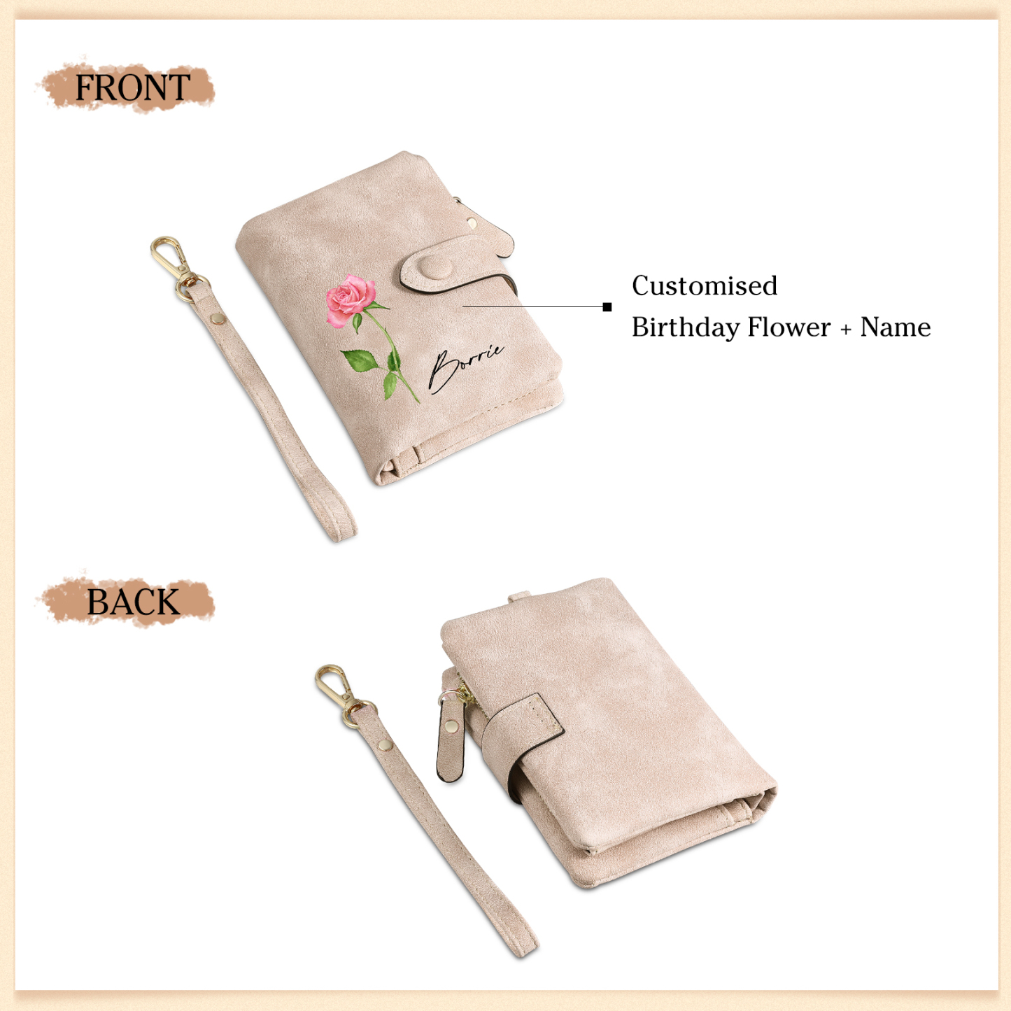 Pink Color Personalized Birthday Flower Leather Wallet Engraving Name Wallet Gifts for Women