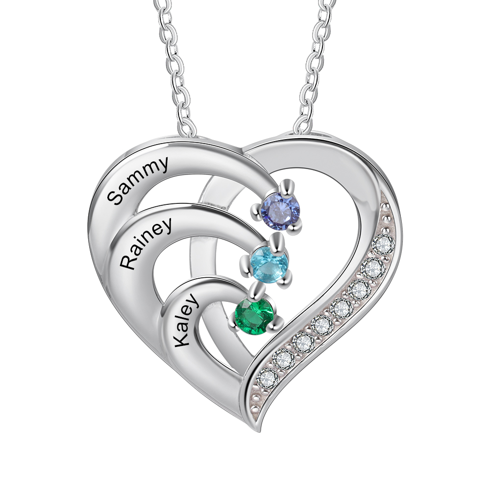3 Names-Personalized S925 Silver Birthstone Necklace Engraved 3 Names-Custom Birthstone Intertwined Heart Pendant Gifts for Her